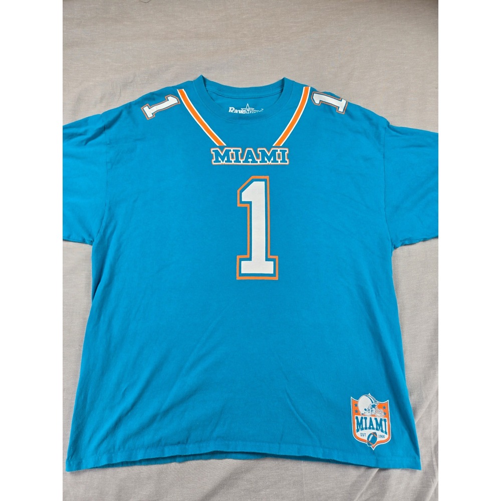 RawSome Miami Football Jersey Style T-Shirt Aqua Blue Mens 2XL Made in USA #1